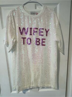 Hello Molly White Sequin 'WIFEY TO BE' Tee with Purple Lettering